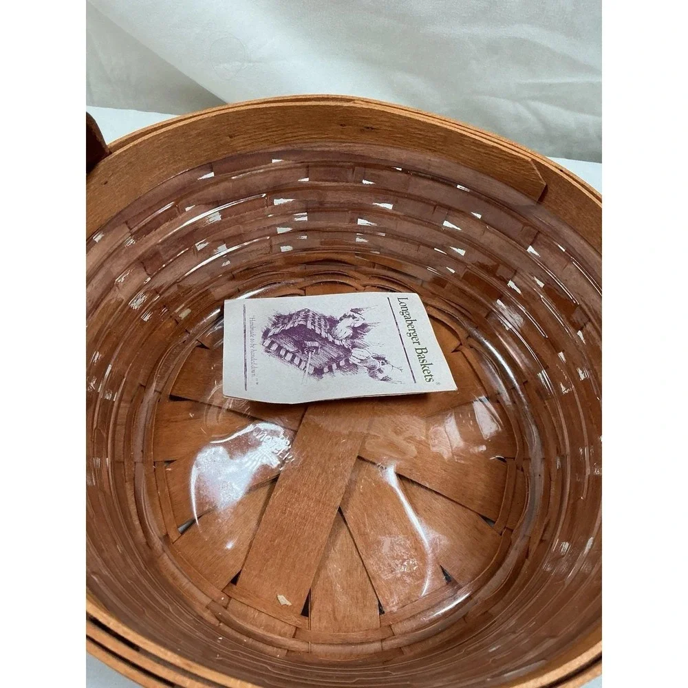 Longaberger Round Darning Basket Leather Handles Plastic Protector Signed 1995